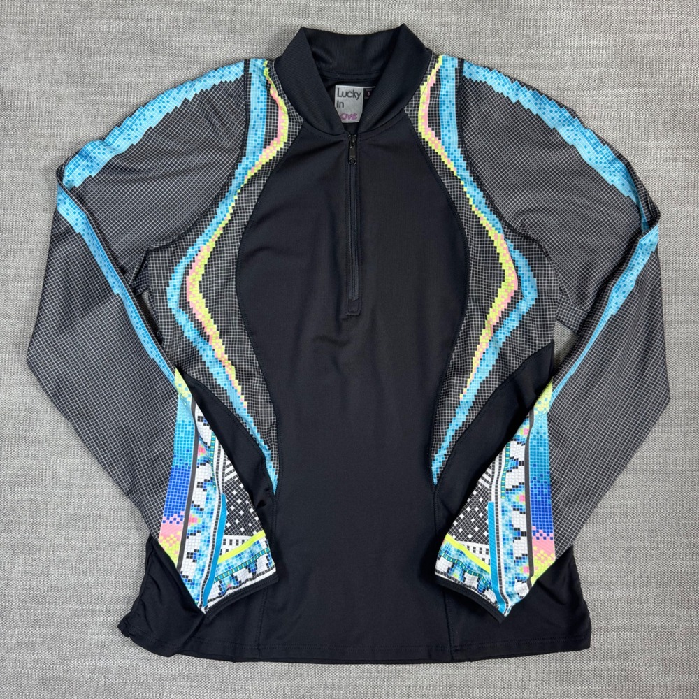Lucky In Love Womens Small Black Pixel Print Quarter Zip Long Sleeve Sport Top